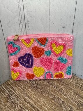 Beaded Coin Purse Pink Multicolor Hearts Wallet Travel Pouch Womens Accessories